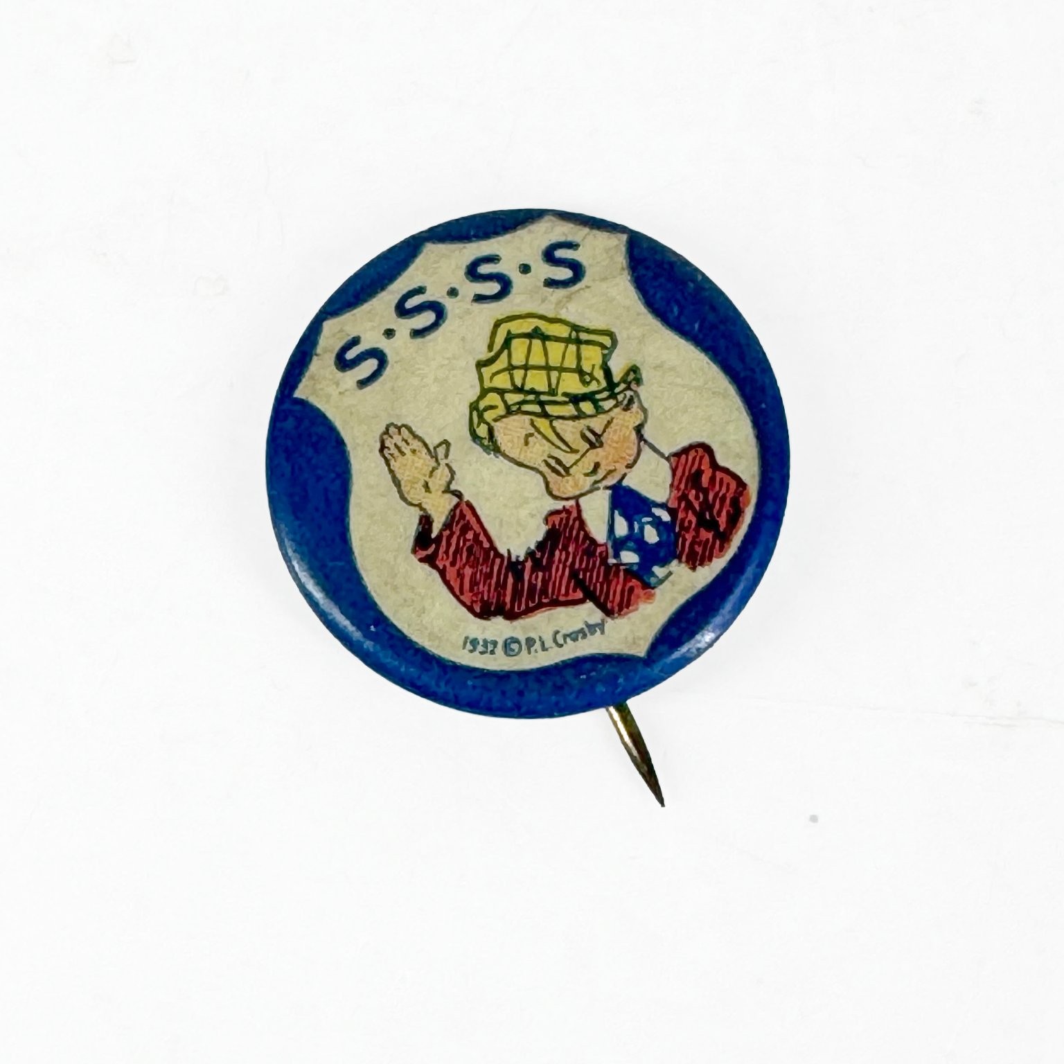 Vintage 1932 Skippy S.S.S. P.L. Crosby Pinback Button Advertising Character