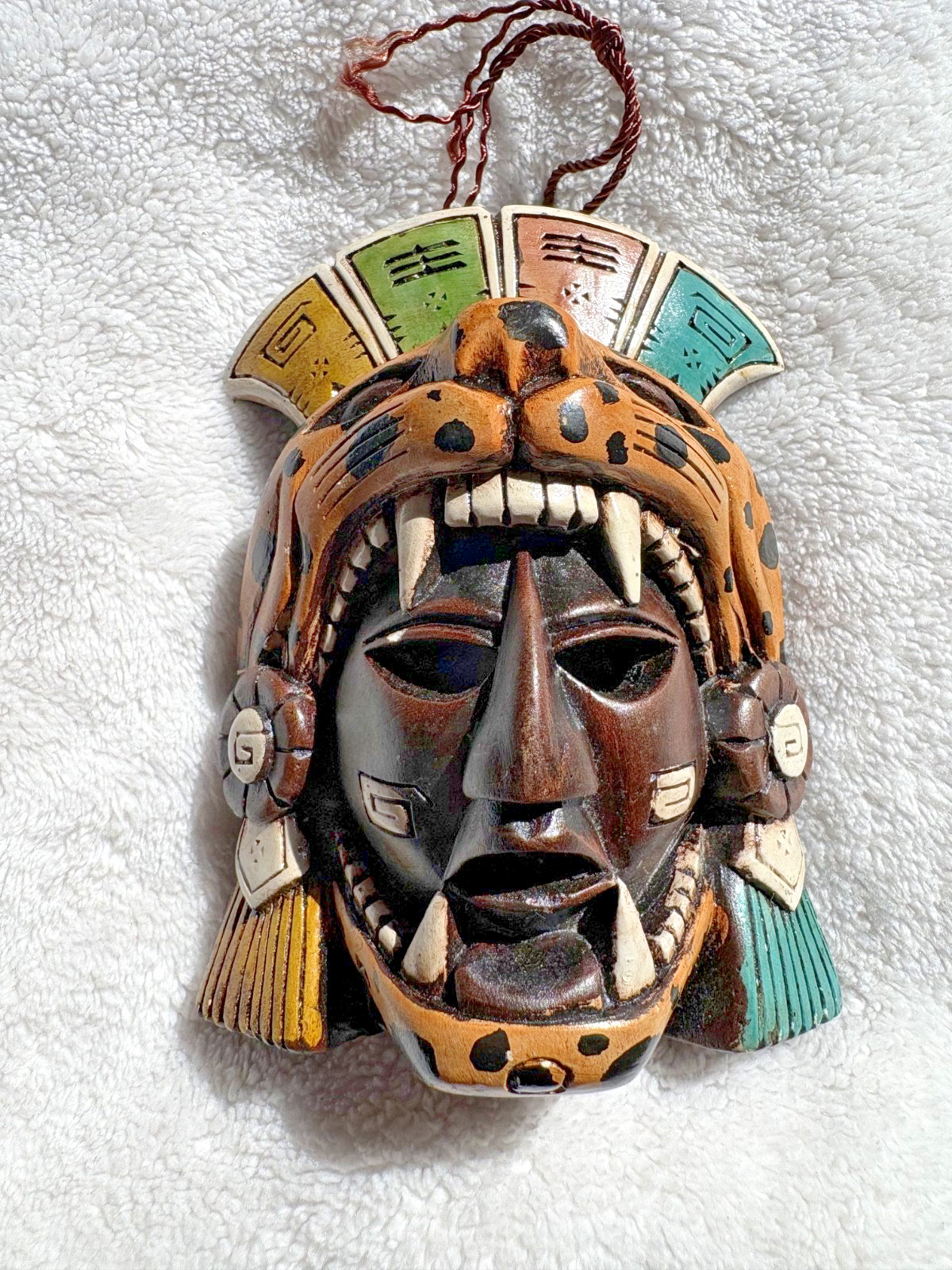 Vintage Aztec Mayan Jaguar Warrior Mask Hand Carved Wood Mexican Folk Art Decor