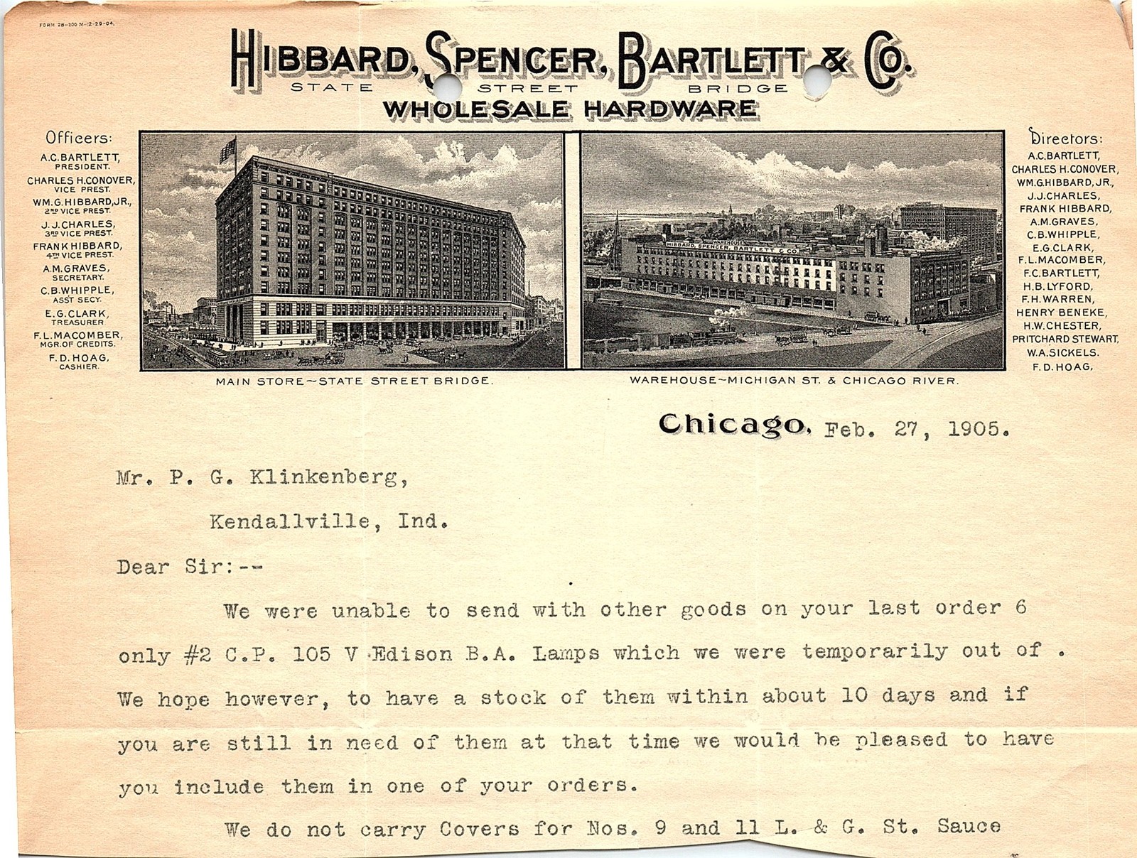 1905 Hibbard, Spencer, Bartlett & Co. Hardware billhead