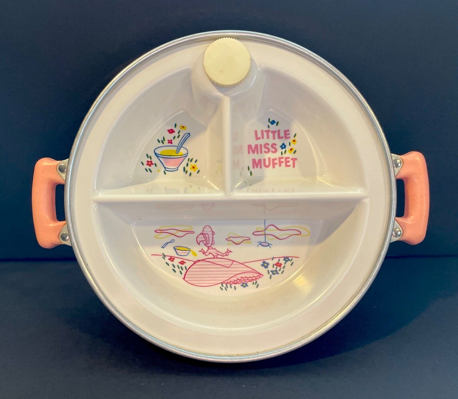Vintage 1950s Baby Food Warming Dish Little Miss Muffet Excello Aluminum Base