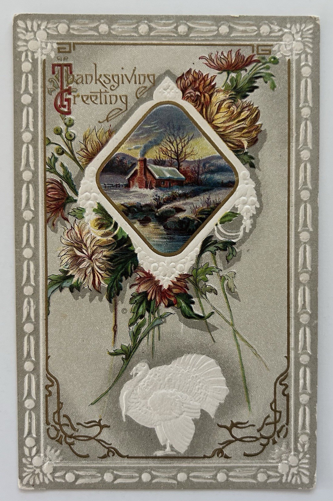 1909 Embossed Thanksgiving Postcard Turkey Cabin Scene Chrysanthemums Series 927