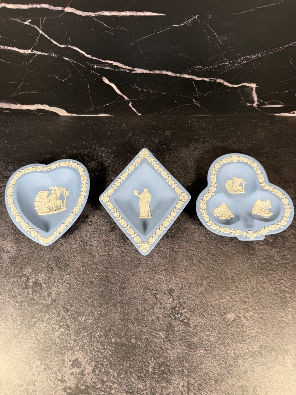 Vtg Wedgwood Jasperware Blue Bridge Set Club Heart Diamond Nut Candy Dish/Trays