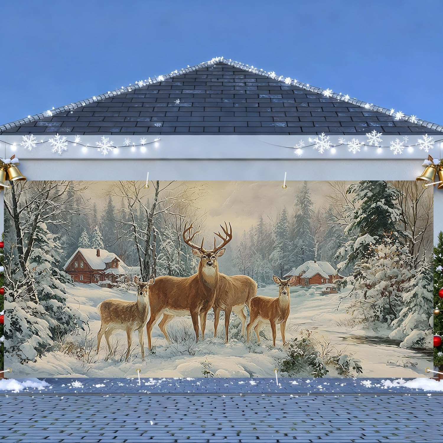 Winter Garage Door Banner 6X13Ft, Winter Deer in Snowy Forest with Cabin, Large