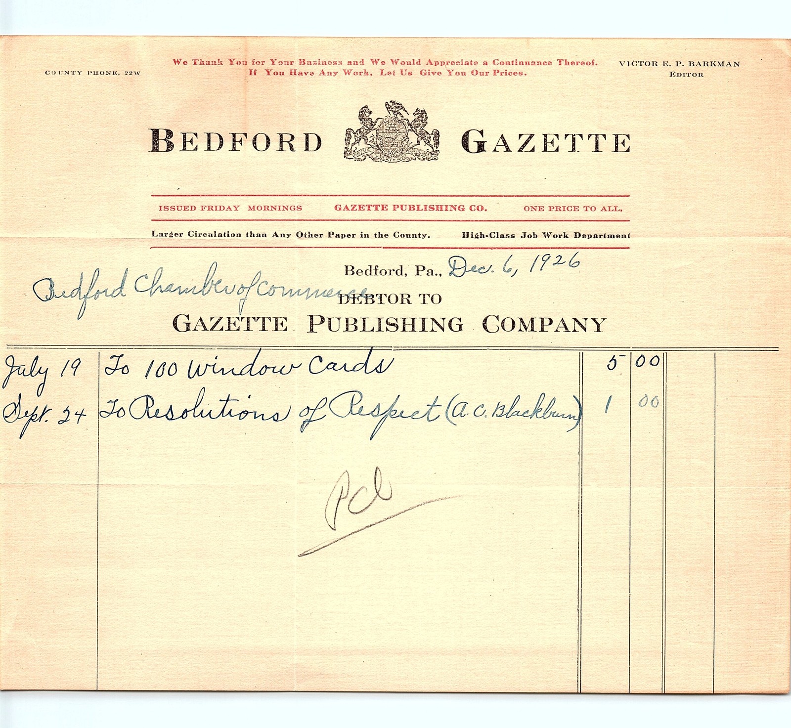 1926 Bedford PA Gazette billhead to Chamber of Commerce