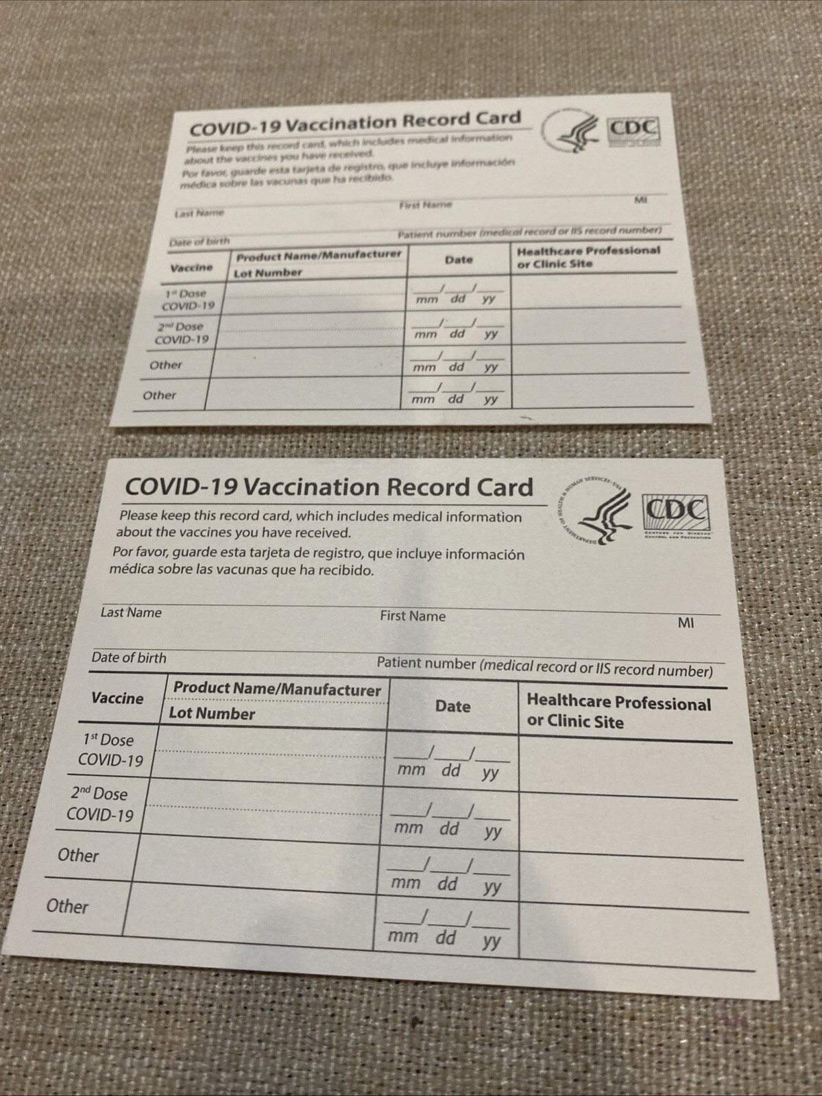 2 COVID-19 CDC Vaccination Blank Card Collector Use Only 