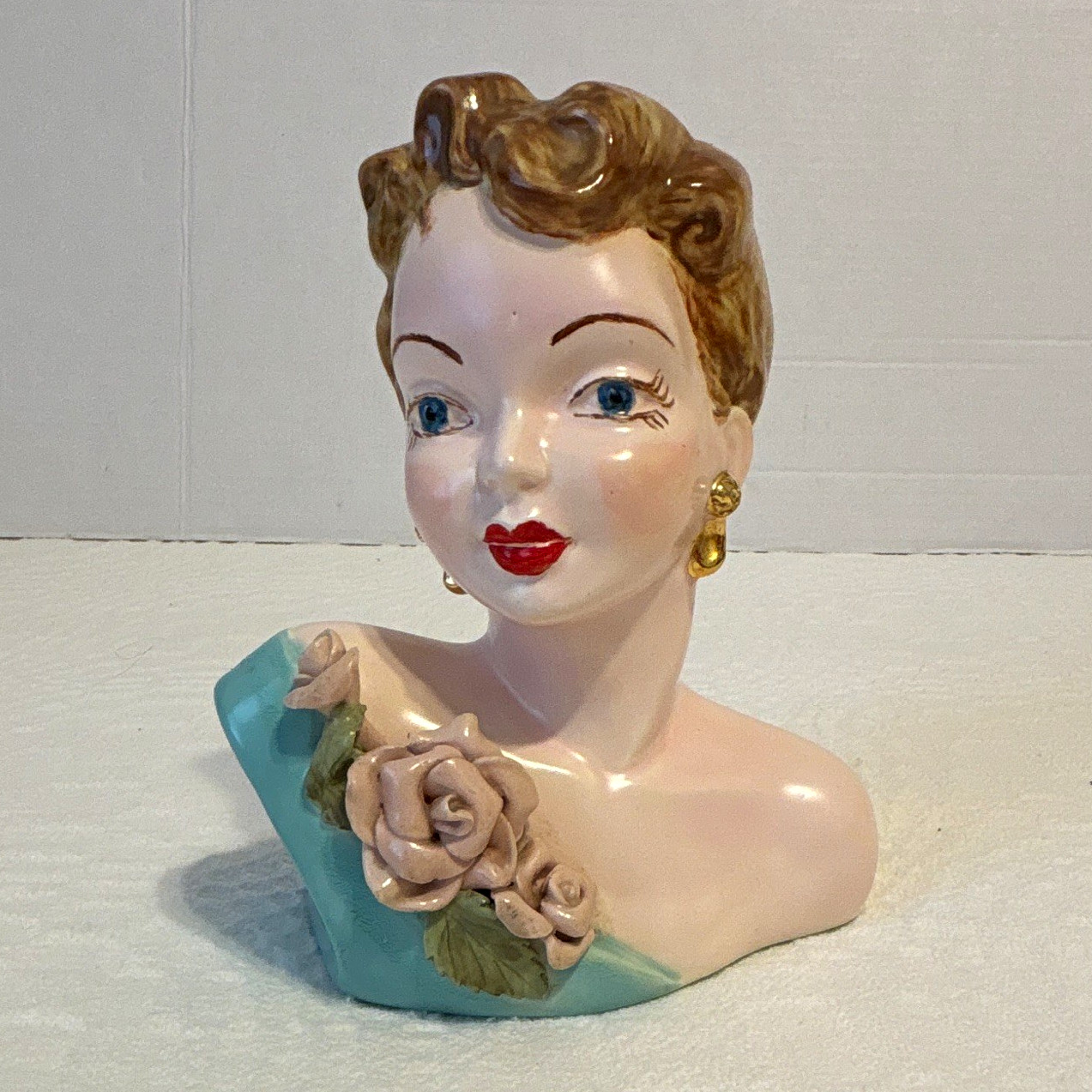 Vintage 1950s Glazed Ceramic Lady Bust Figurine Floral Dress Gold Earrings