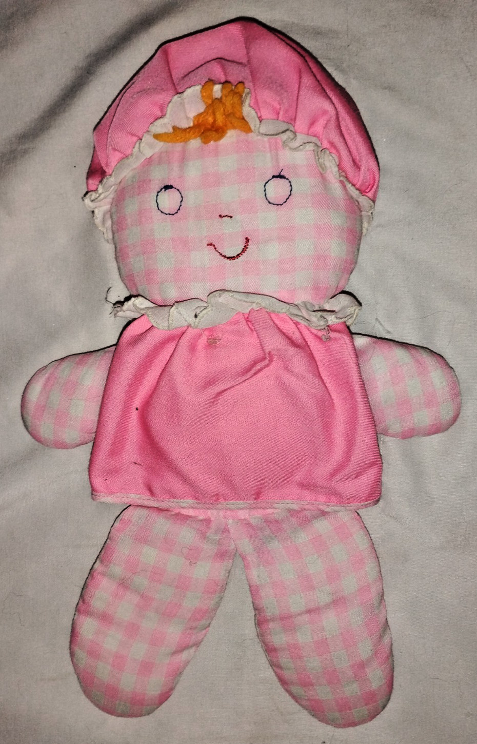 VINTAGE FISHER PRICE PLUSH 1975 LOLLY DOLL RATTLE PINK GINGHAM LOVEY PLUSH TOY