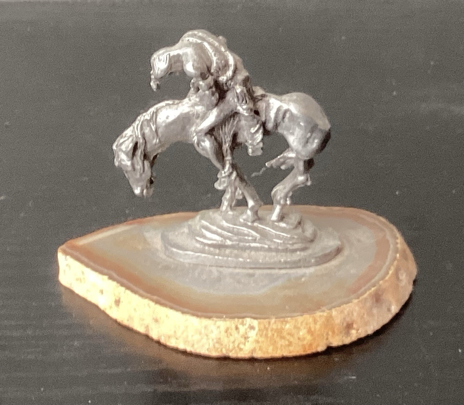 Miniature Repro. Frederic Remington Pewter Figurine on Agate, The Rattlesnake