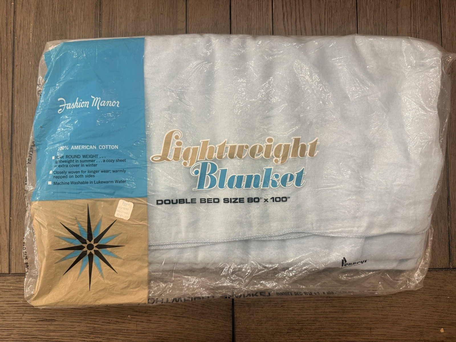 Vtg PENNEYS Lightweight Double BED Blanket 80x100 FASHION MANOR Blue Cotton New