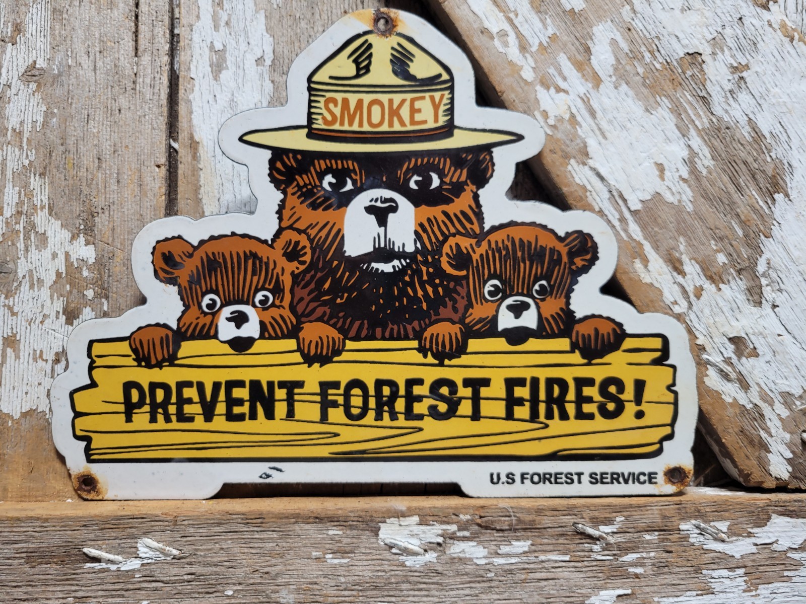 VINTAGE SMOKEY BEAR PORCELAIN SIGN OLD US FOREST SERVICE NATIONAL PARK FIRES 12\