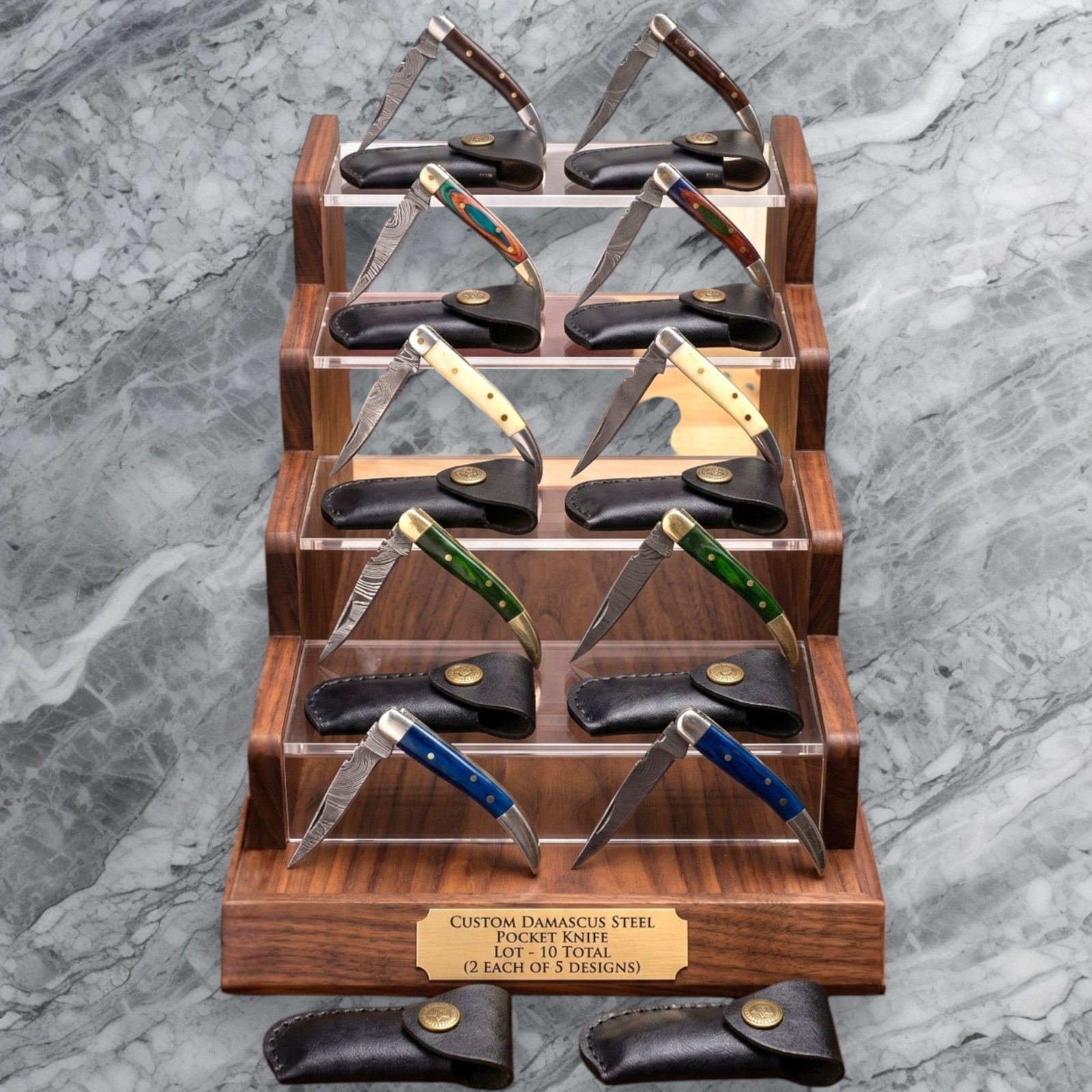 10pc Custom Damascus Steel Folding Pocket Knives Bulk Lot Exotic Wood Bone EDC