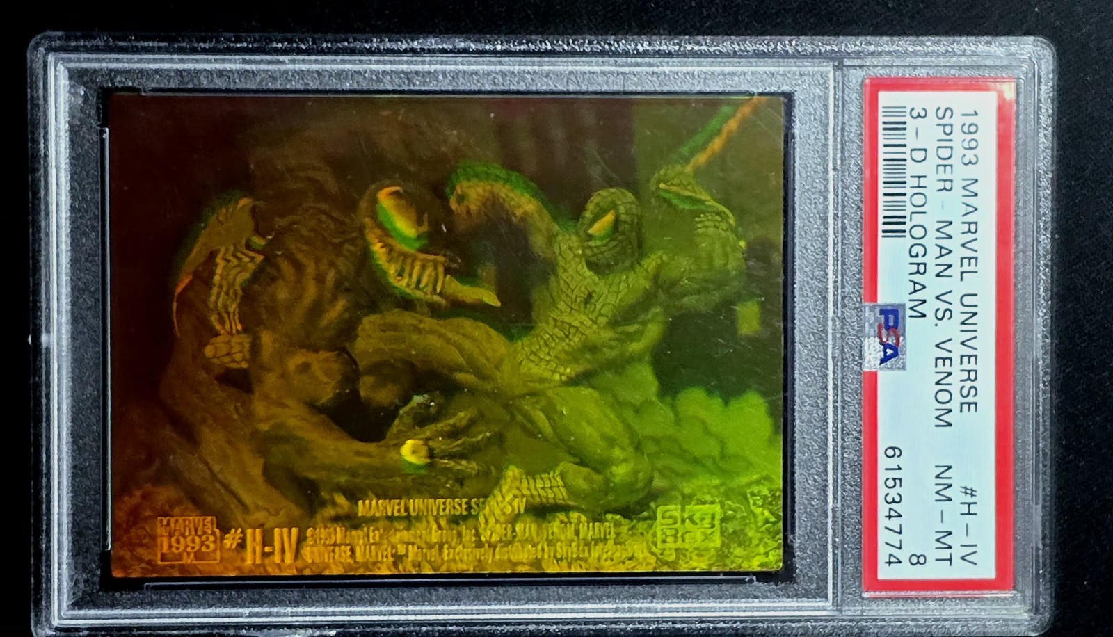 1993 Skybox MARVEL UNIVERSE SPIDER-MAN VS. VENOM 3D HOLOGRAM #H-IV - PSA 8