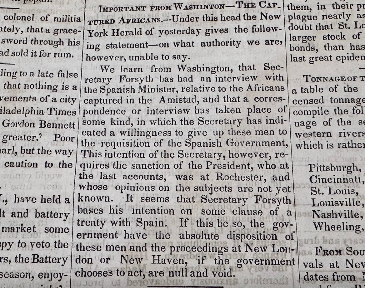 1839 Amistad Slave Ship News, Florida Fort M’Clure Indian Attacks Newspaper