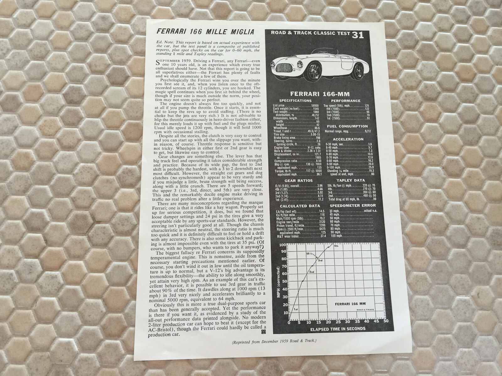 FERRARI 166 MM BARCHETTA R&T ARTICLE BROCHURE 1948-1953