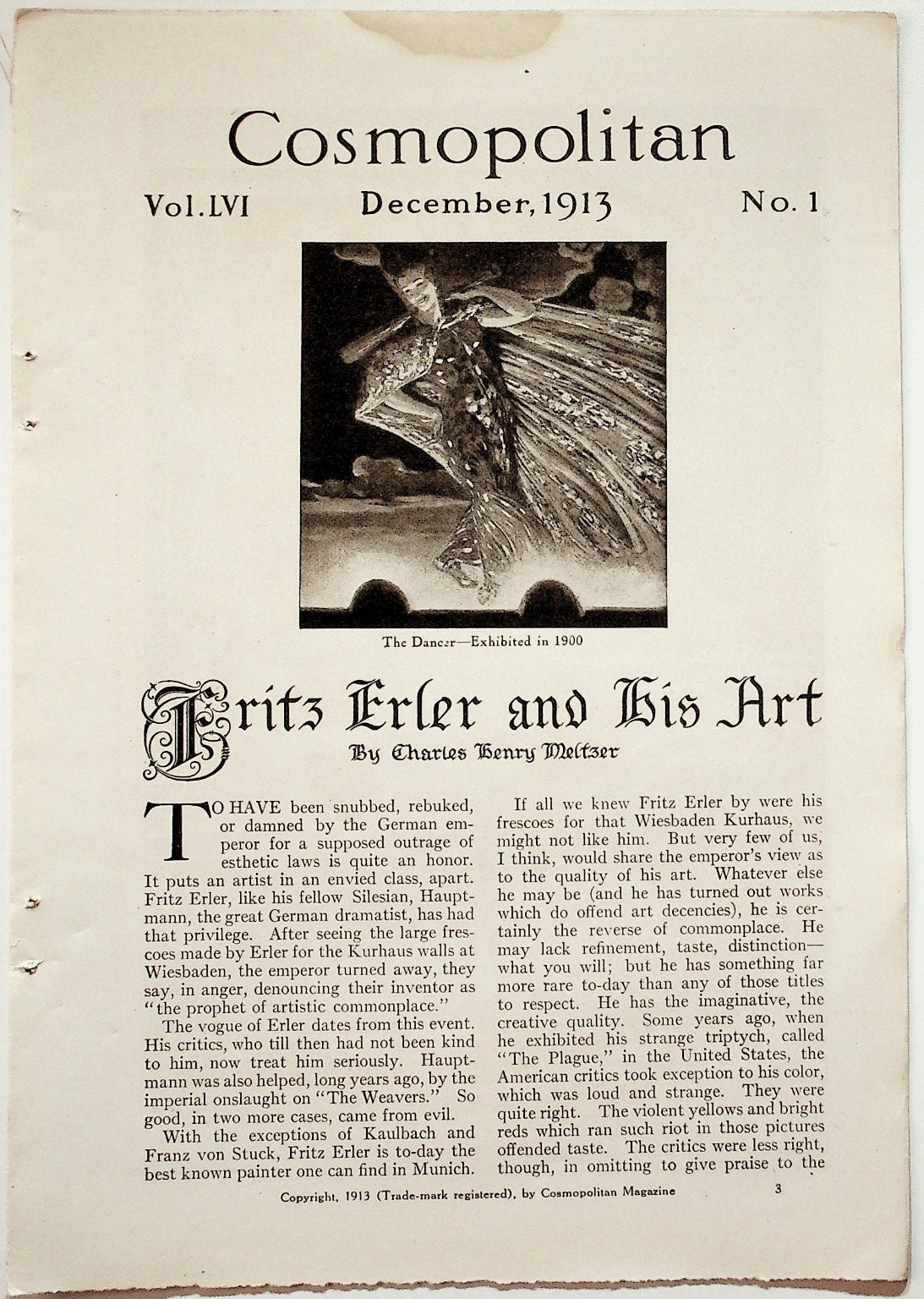 1913 Cosmopolitan Magazine Article Fritz Erler and His Art German Artist