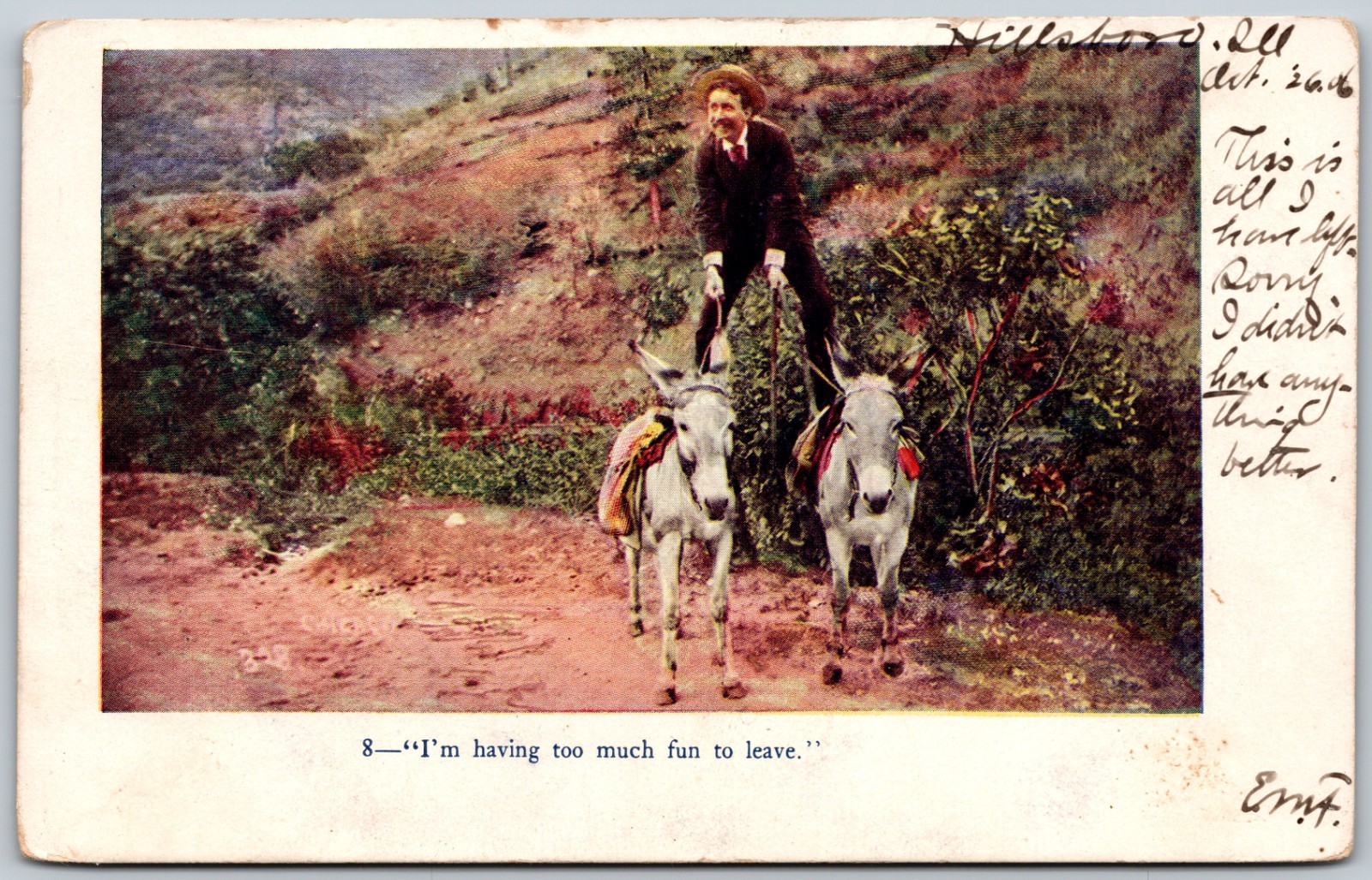 1906 Man Riding Donkeys Rural Scene Humor Embossed ANTIQUE Postcard 6045