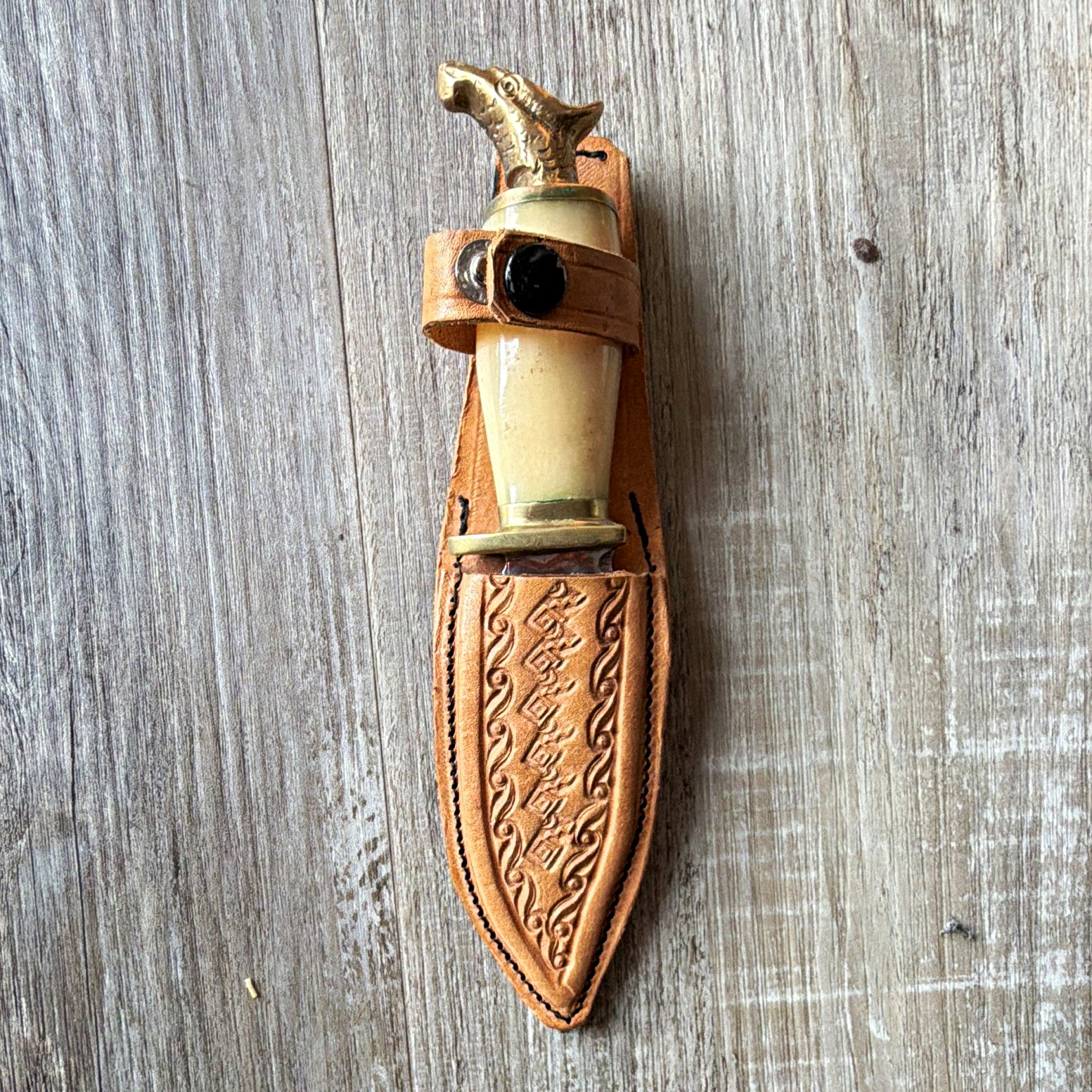 Vintage 1970s Hunting Fixed Blade Knife Bone Handle Animal Head Pommel Sheath