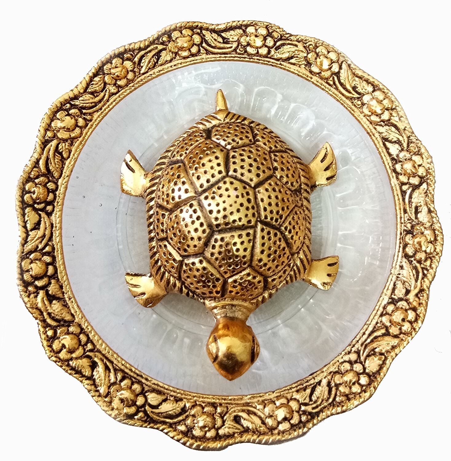 Feng Shui Metal Tortoise On Plate Showpiece (Golden, Diameter: 5.5 Inch)