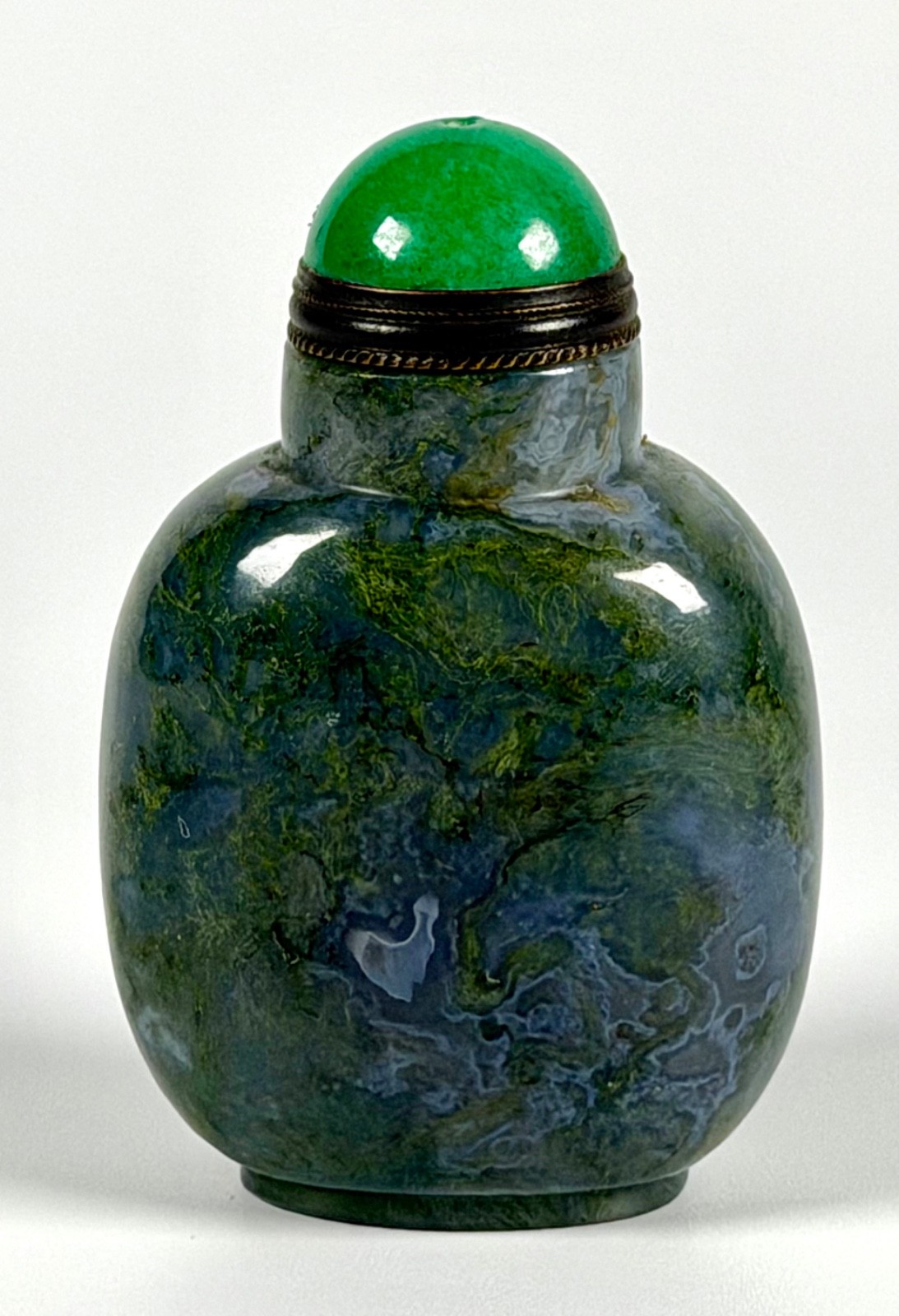Vintage Chinese Moss Agate Snuff Bottle Well Hollowed Chalcedony