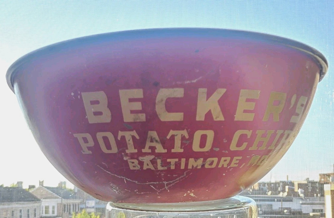 Rare Becker\'s Potato Chips vintage red/white advertising tin bowl, Baltimore MD