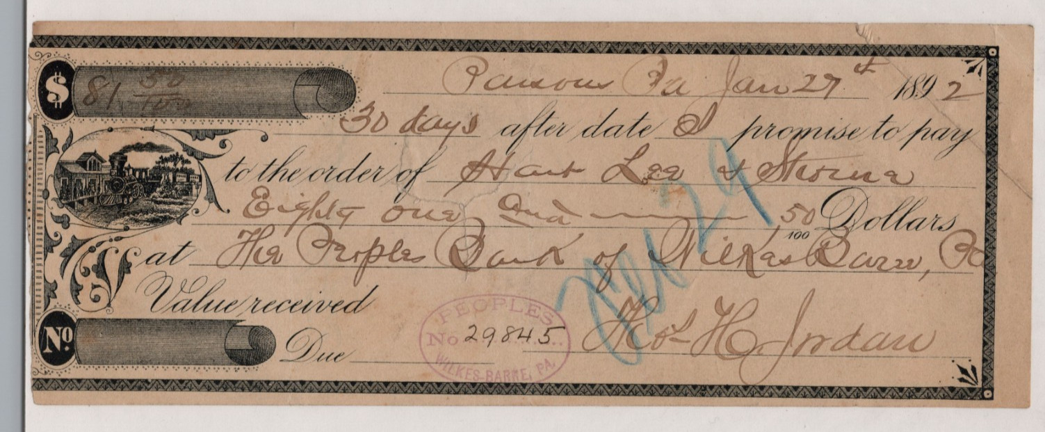 1872 Peoples Bank of Texas Promissory Note Check Train Vignette Locomotive Art