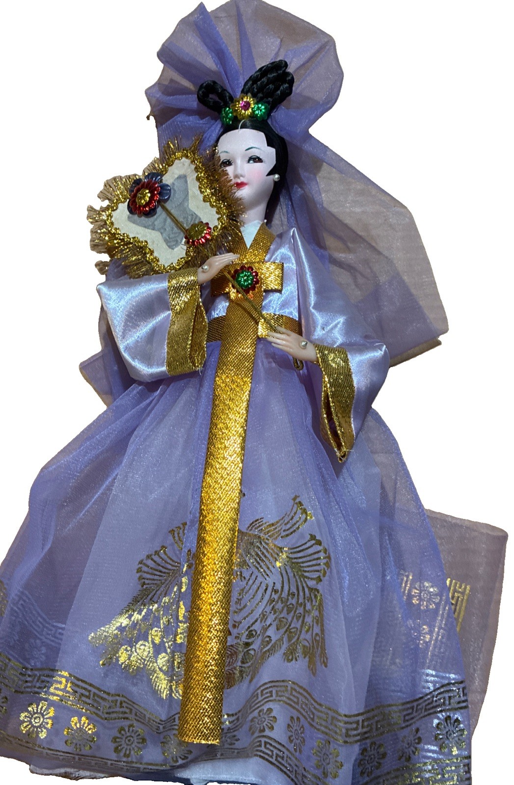 VINTAGE /ANTIQUE Korean CEREMONY Fan Doll GOLD/Purple Costume 18” tall