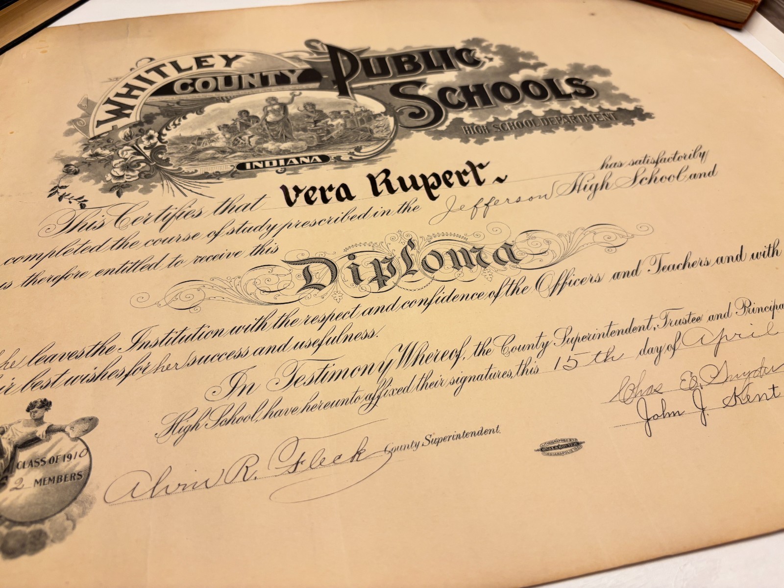 High School Diploma 1910 Jefferson Indiana 16x21\