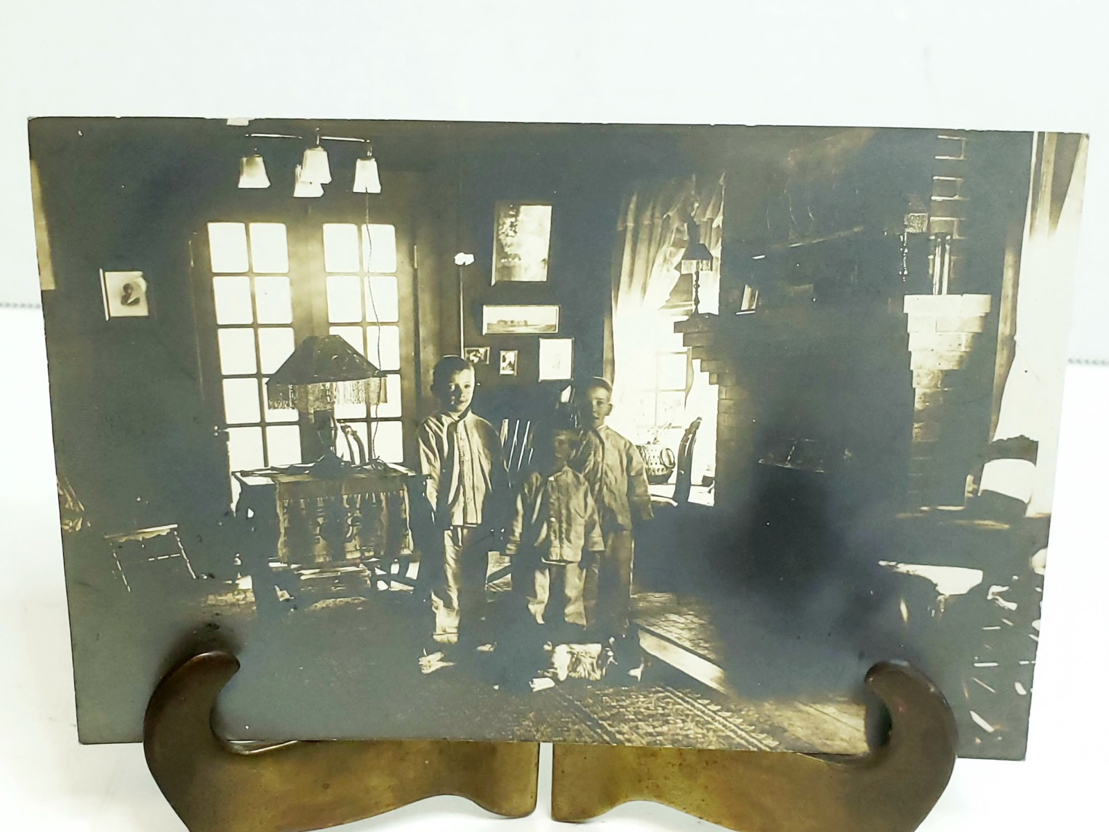 Antique RPPC 3 Children In PJs With Dog Next To Fireplace Unposted