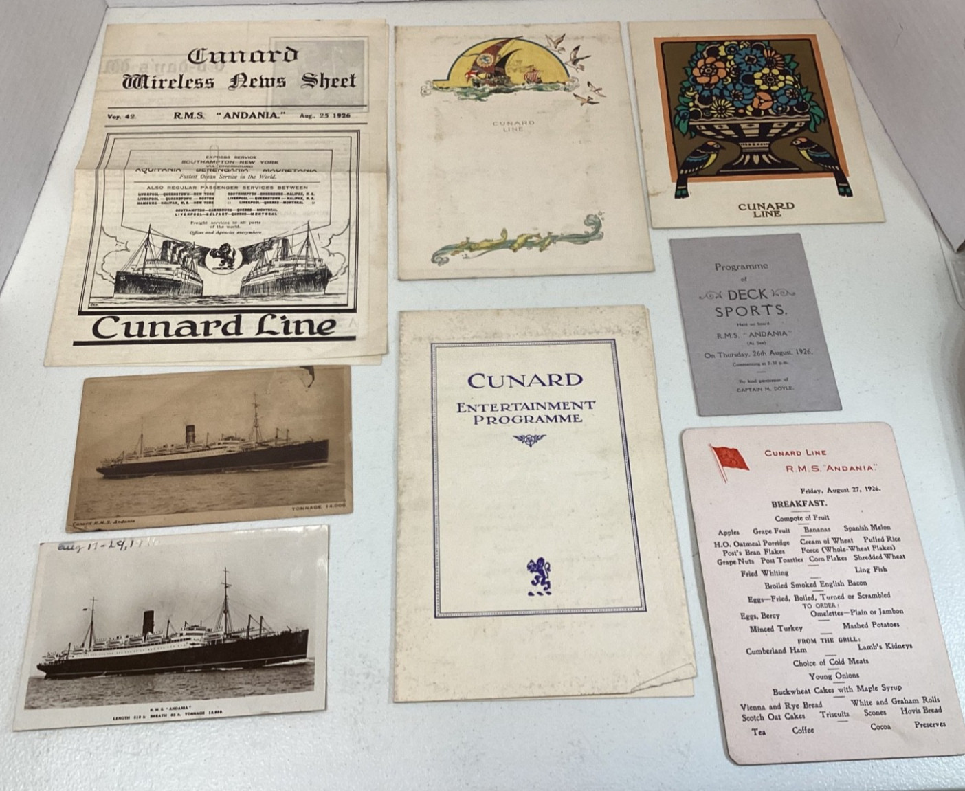 Cunard Line R.M.S. Andania Maritime Travel Epemera 1926 Menu\'s, News Sheet, etc.