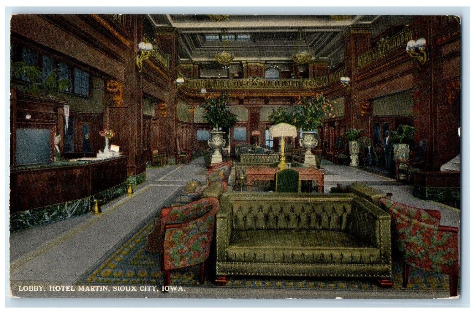 c1910 Lobby Hotel Martin Interior Building Sioux City Iowa IA Vintage Postcard