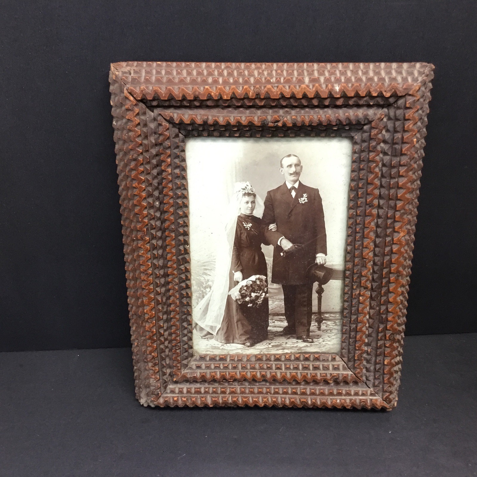 Antique Tramp Art Picture Frame Chipped Carved Wood Wedding Photo……….[S5-5]