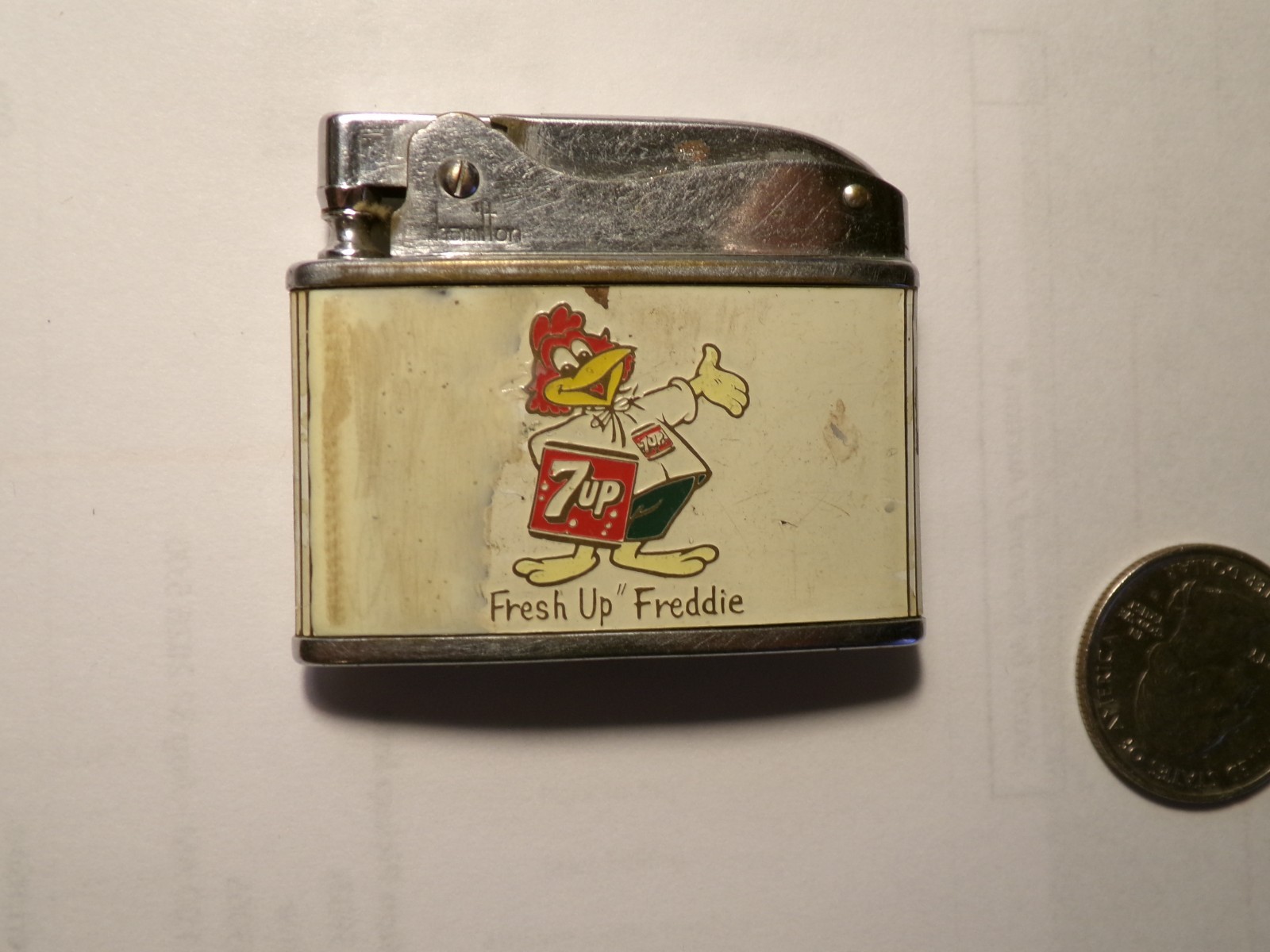 1950\'s 7-UP SODA with fresh-Up Freddie bird logo pocket lighter
