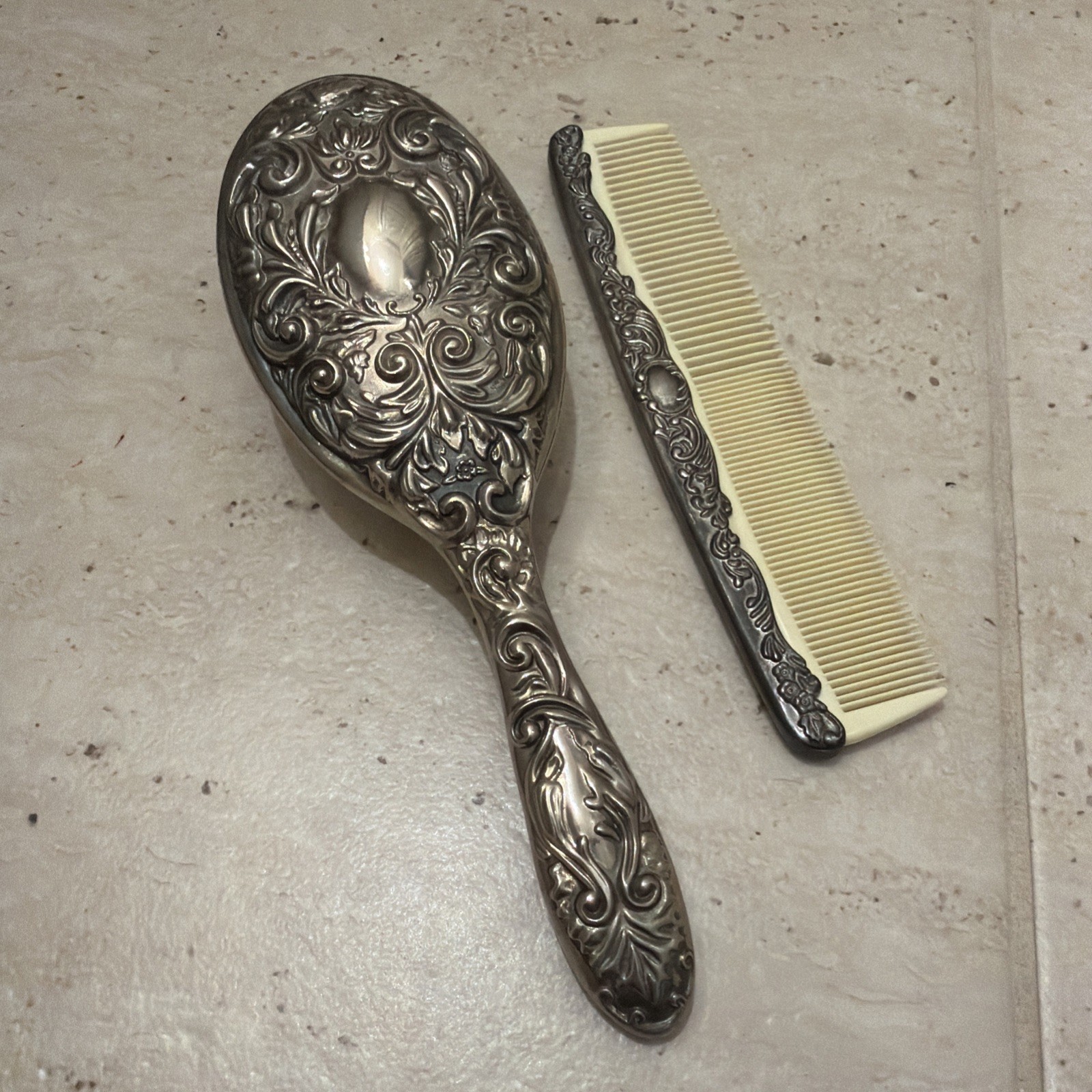 Vintage Antique Silver Plated Vanity Set Handheld Brush and Celluloid Comb EUC