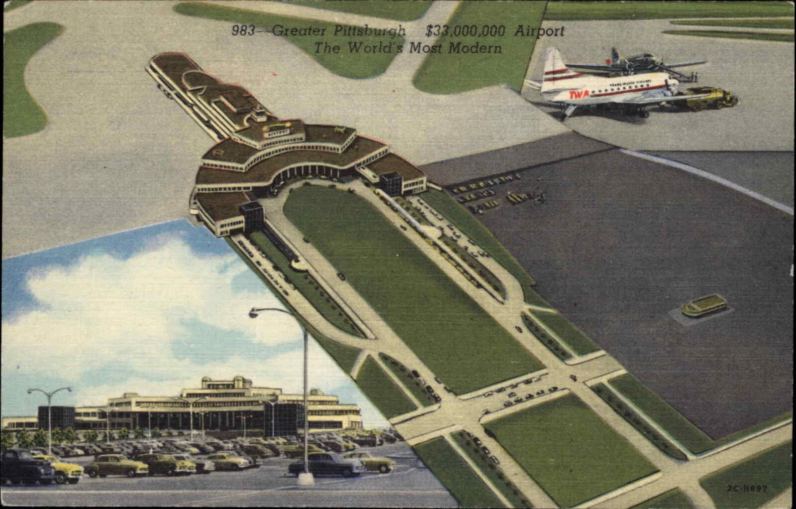 Pittsburgh Pennsylvania PA Birdseye View Airport c1940s Linen Postcard