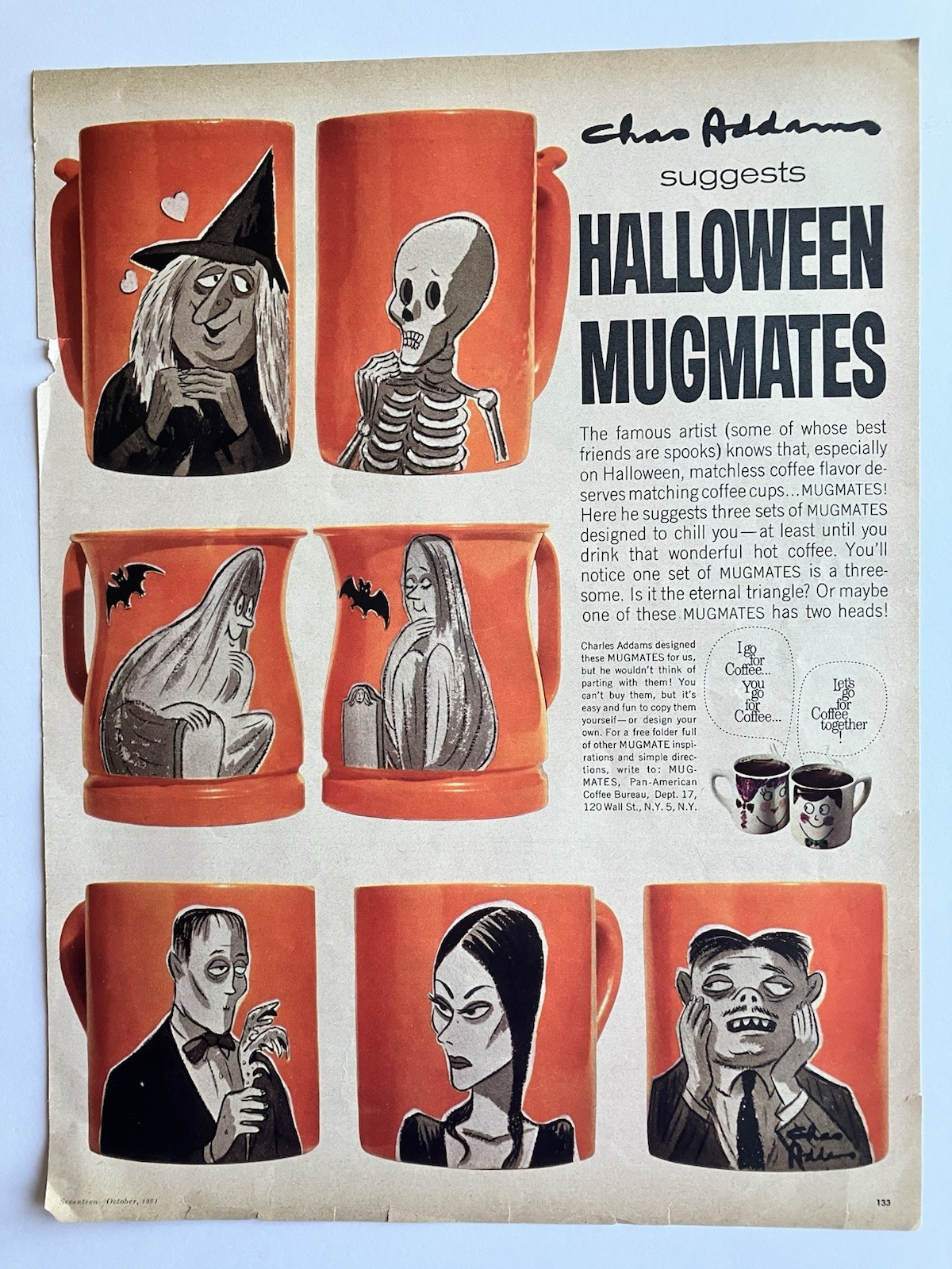 Vtg Halloween Advertising Print Ad Charles Addams Family Mugmates 1961