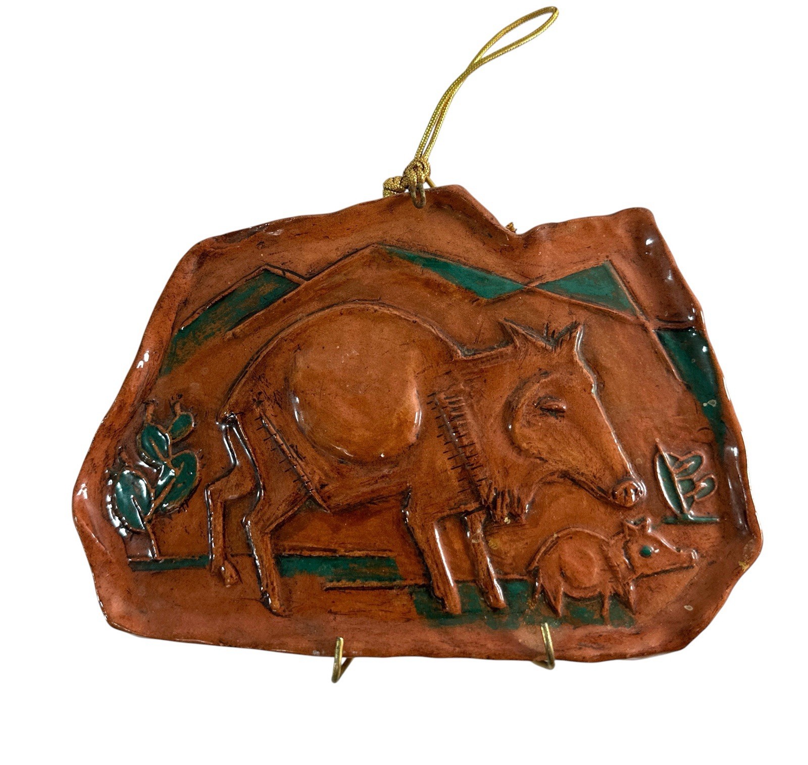 Vintage Terracotta Donkey & Foal Wall Plaque Southwestern Folk Art 7.5”