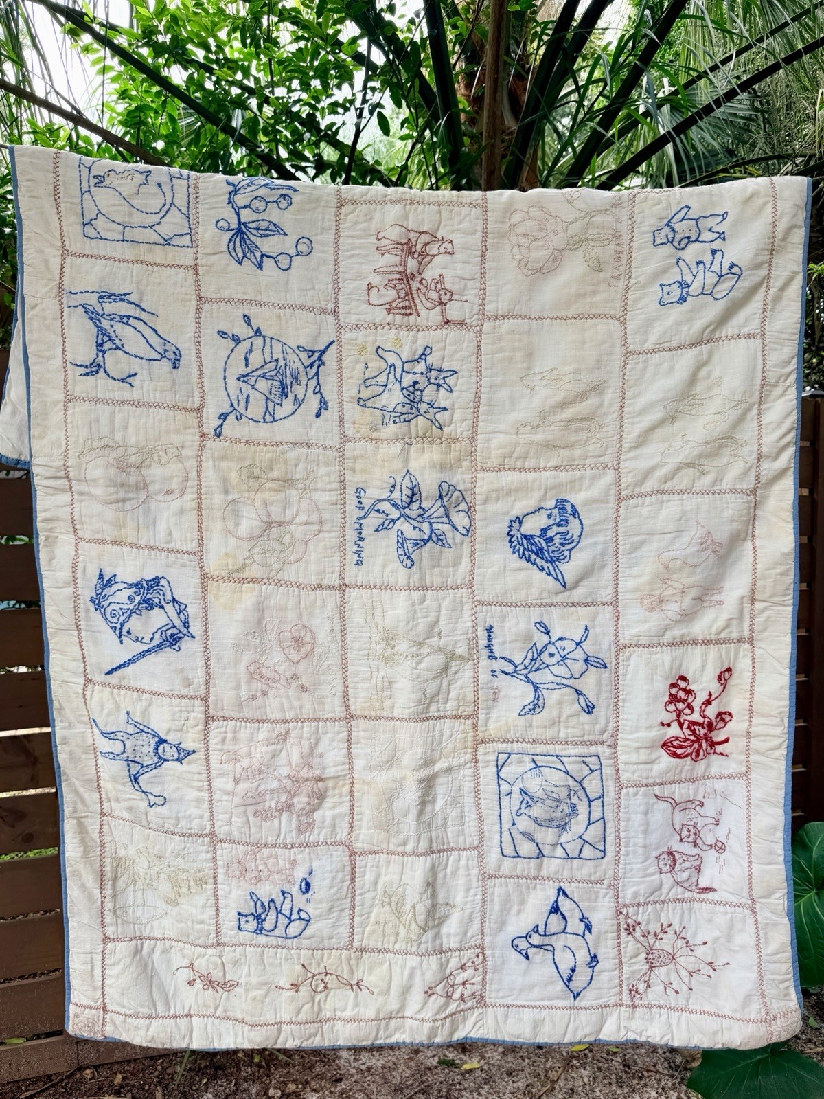 Antique 1930s Hand Embroidered Quilt Red Blue Animal Storybook 64x40 Folk Art