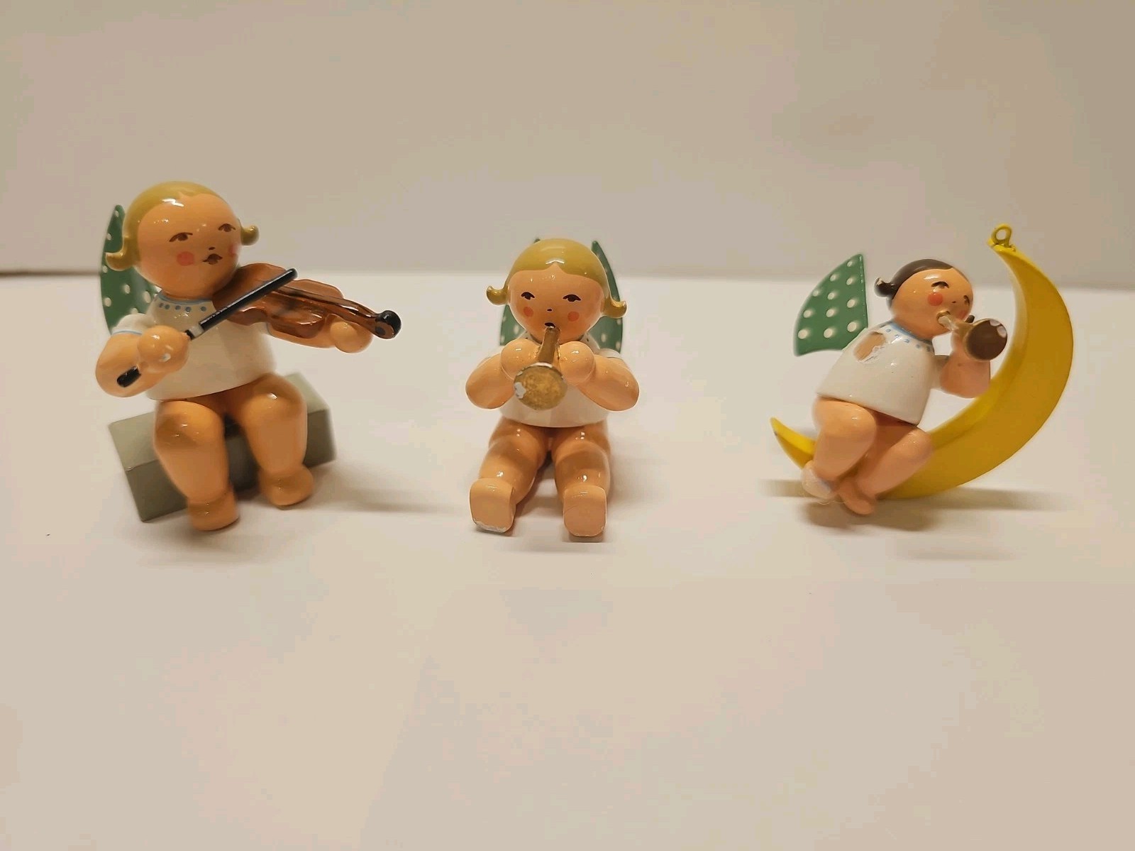 3 Vtg German Wooden Angel Figurines Polka dot wings Wendt Kuhn Erzgebirge READ