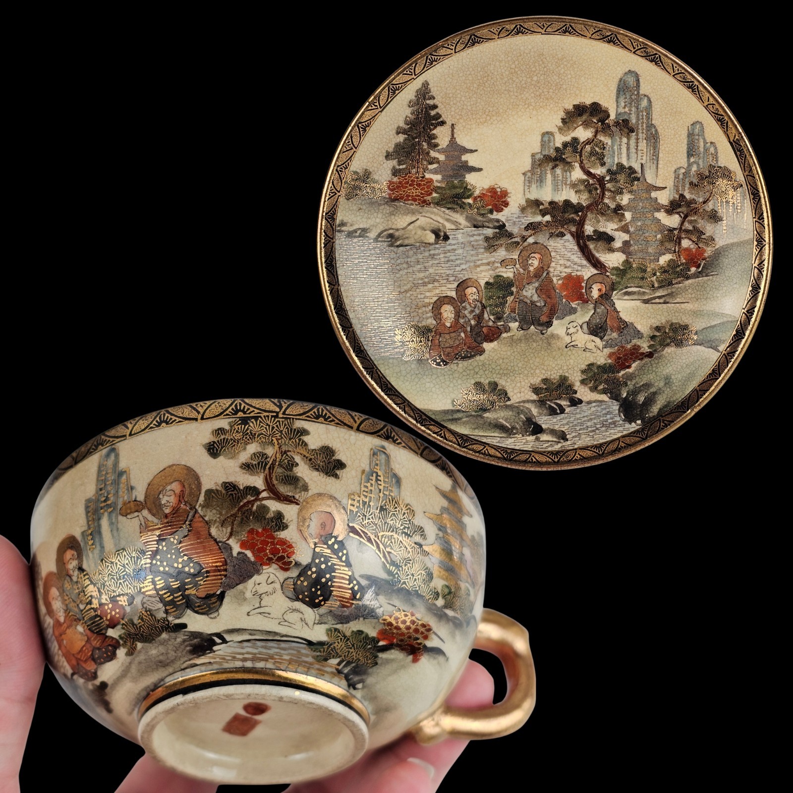 Rare Antique Japanese Satsuma Tea Hand-Painted Rakan Arhat Gold Gilding 9 Pieces