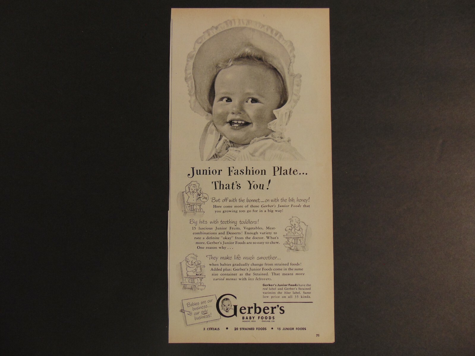 1948 GERBER\'S BABY FOOD Cute Baby Wearing Bonnet vintage art print ad
