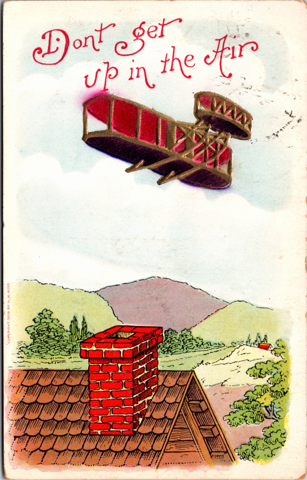1909 Embossed Biplane Postcard Don’t Get Up in the Air Gold Biplane Humor
