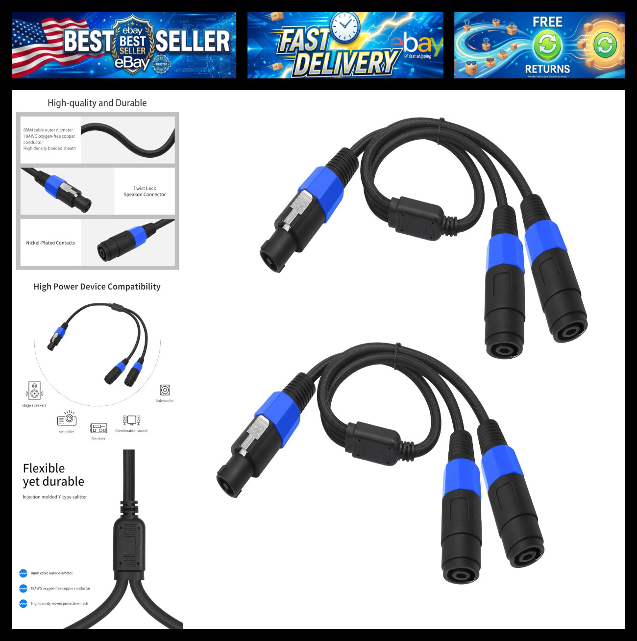 2FT Speakon Y Splitter Cable, NL4FC Male to Dual Female,Speak 1 Male to 2 female