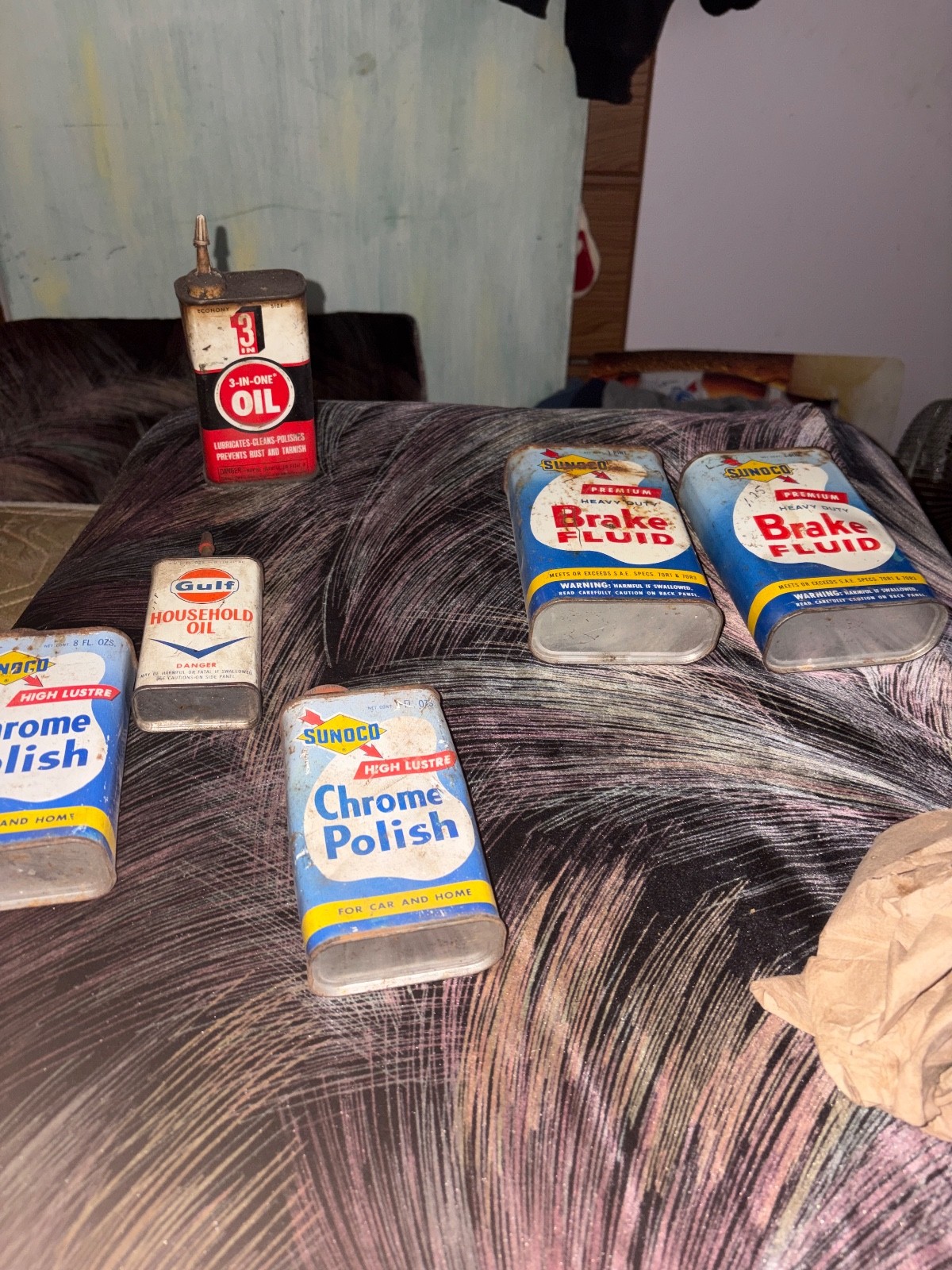 6 vintage oil tins 4 sunoco brake fluid chrome polish tins nsos gulf+3 in 1 oil