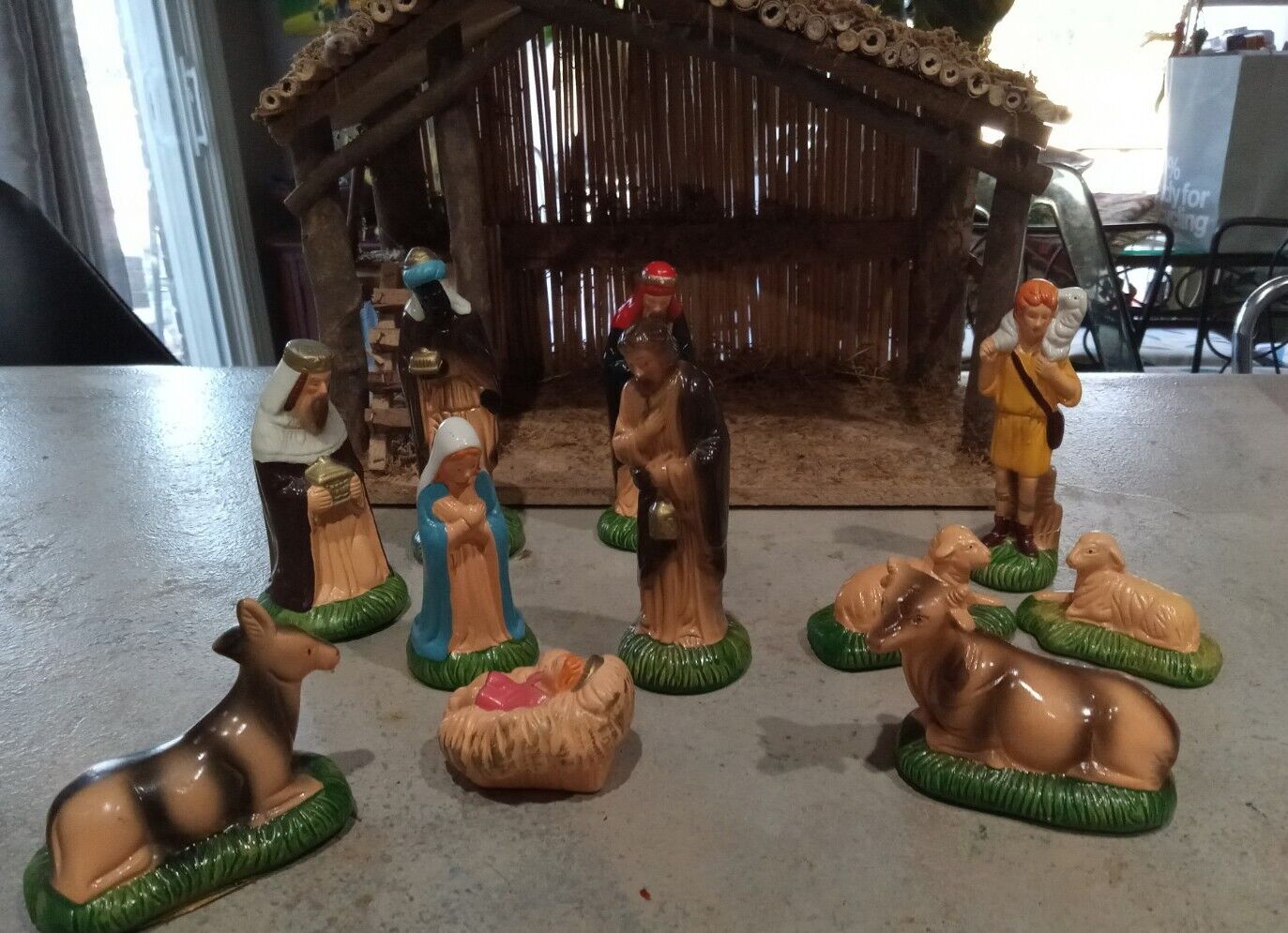 Vintage Nativity Set Creche Stable Hand Painted Ceramic Figurines Manger 1960s