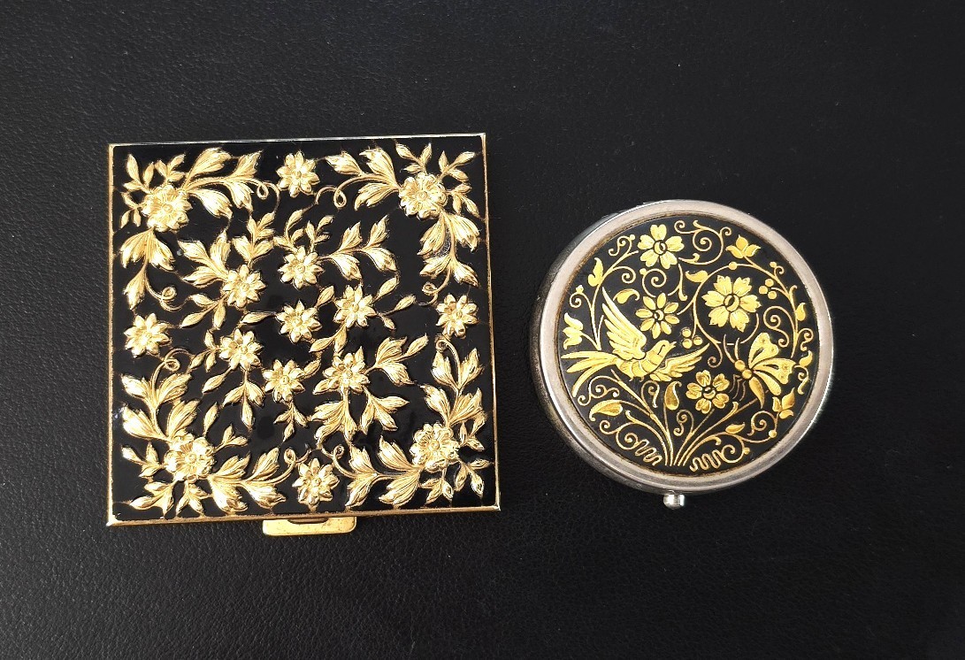 Vintage Mid-Century Volupte Damascene Compact Mirror & Pill Box