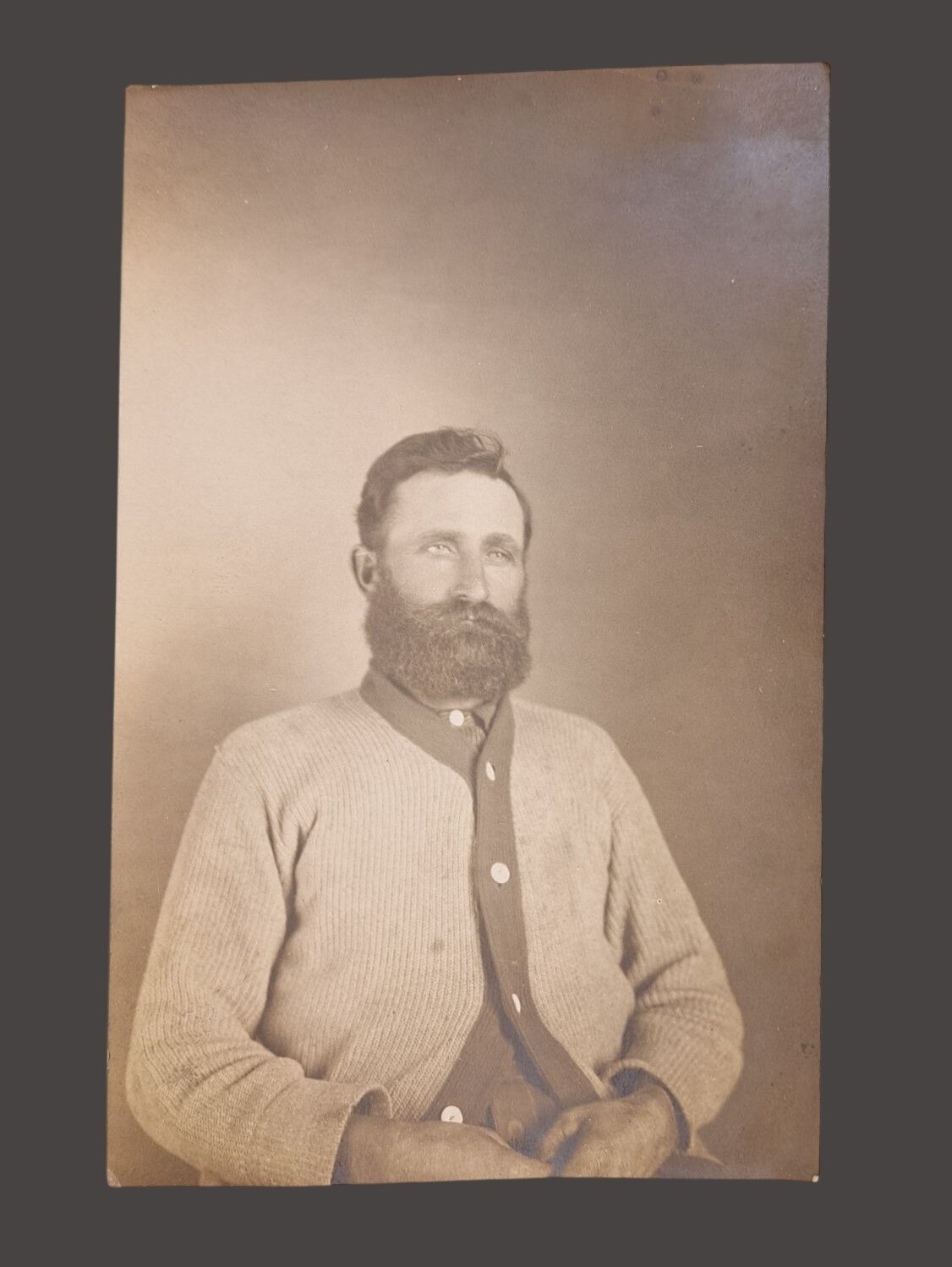 Antique Real Photo Postcard RPPC Bearded Man Cardigan Circa 1908 Sepia Bill Kate