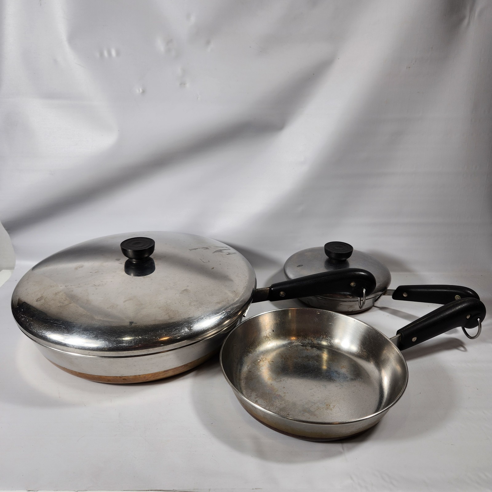 Lot Vtg Revere Ware Copper Bottom Skillet Fry Pans Lids  \'80 USA Stainless