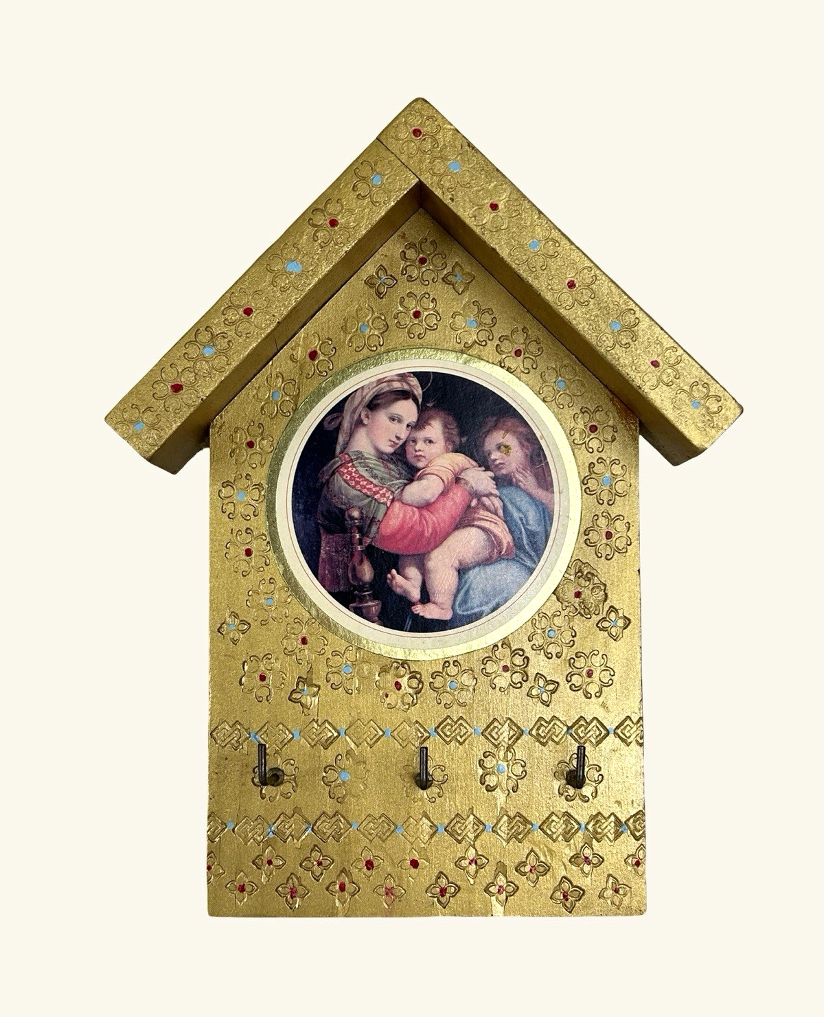 Vintage Gold Gilt Wooden Virgin Mary Madonna Key Holder 10” x 7.5”