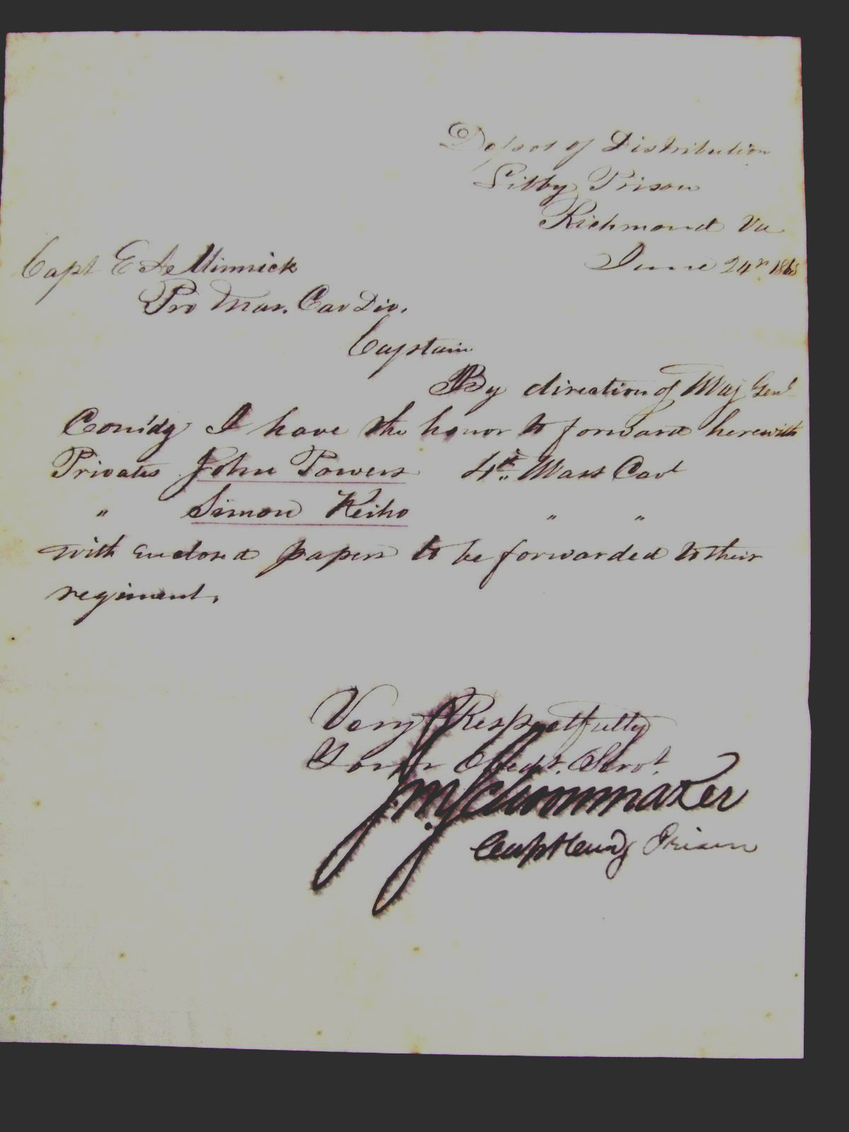 CIVIL WAR LIBBY PRISON RICHMOND VIRGINIA OCCUPATION COMMANDER LETTER 1865