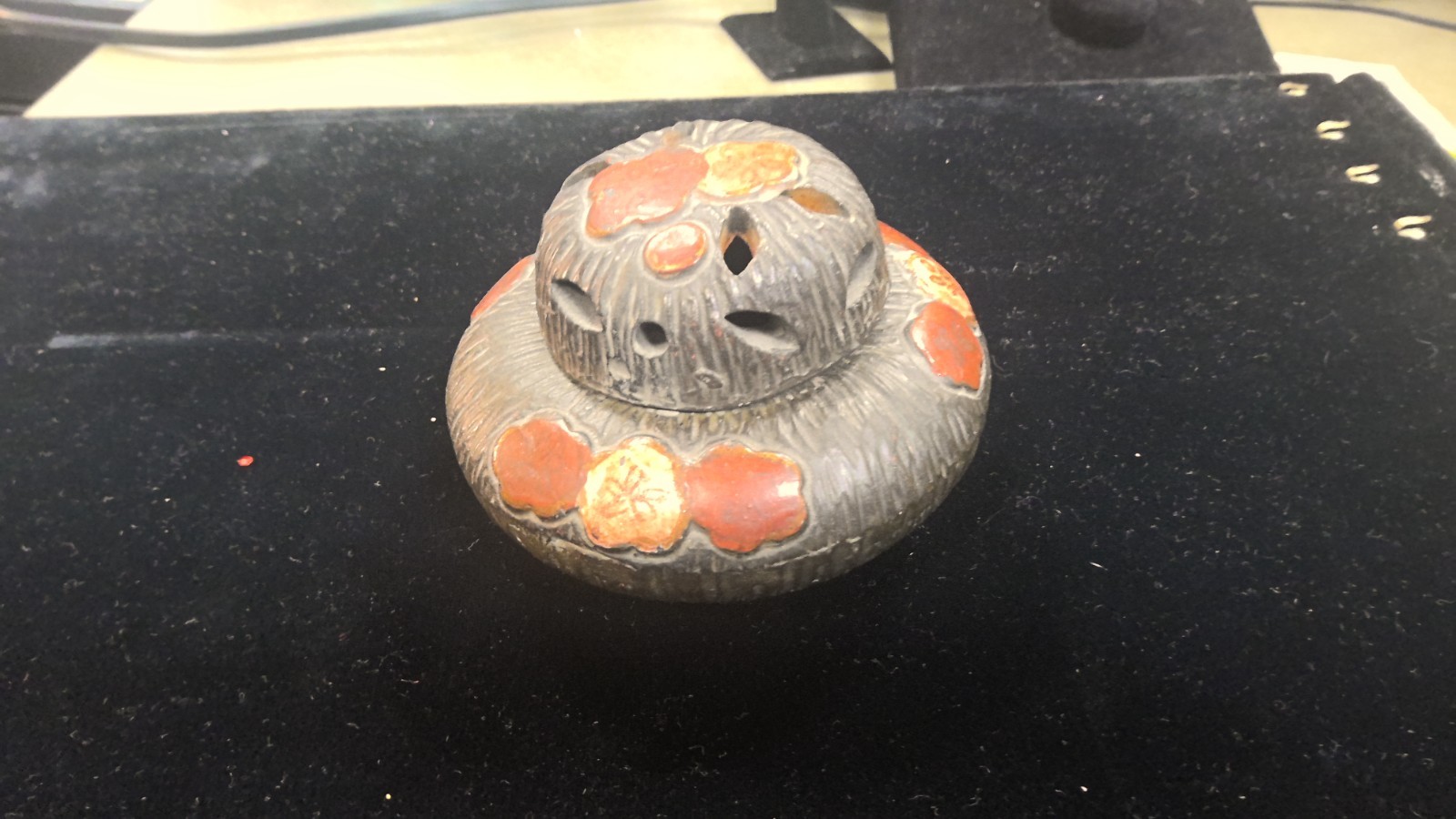  Vintage Japanese Cast Iron Incense Burner Koro Hand Painted Plum Blossom Signed